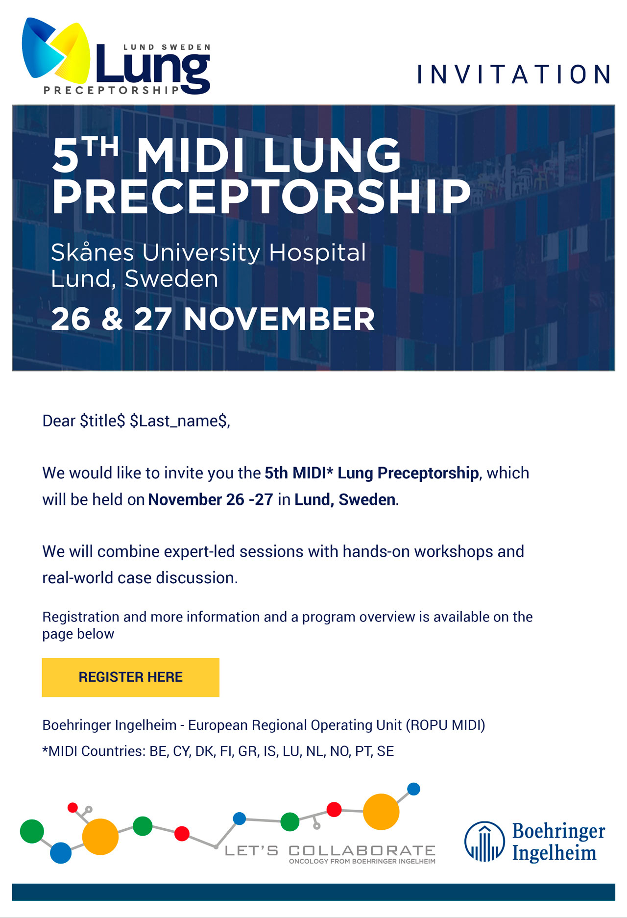 Invitation email — event header with logo, event name and dates in bold white type on deep blue background